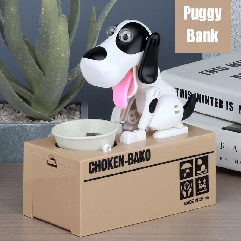 

Cute Little Dog Puggy Bank Battery Powered Robotic Coin Munching Toy Money Box Saving Money Coin Bank Gifts for Kids Children
