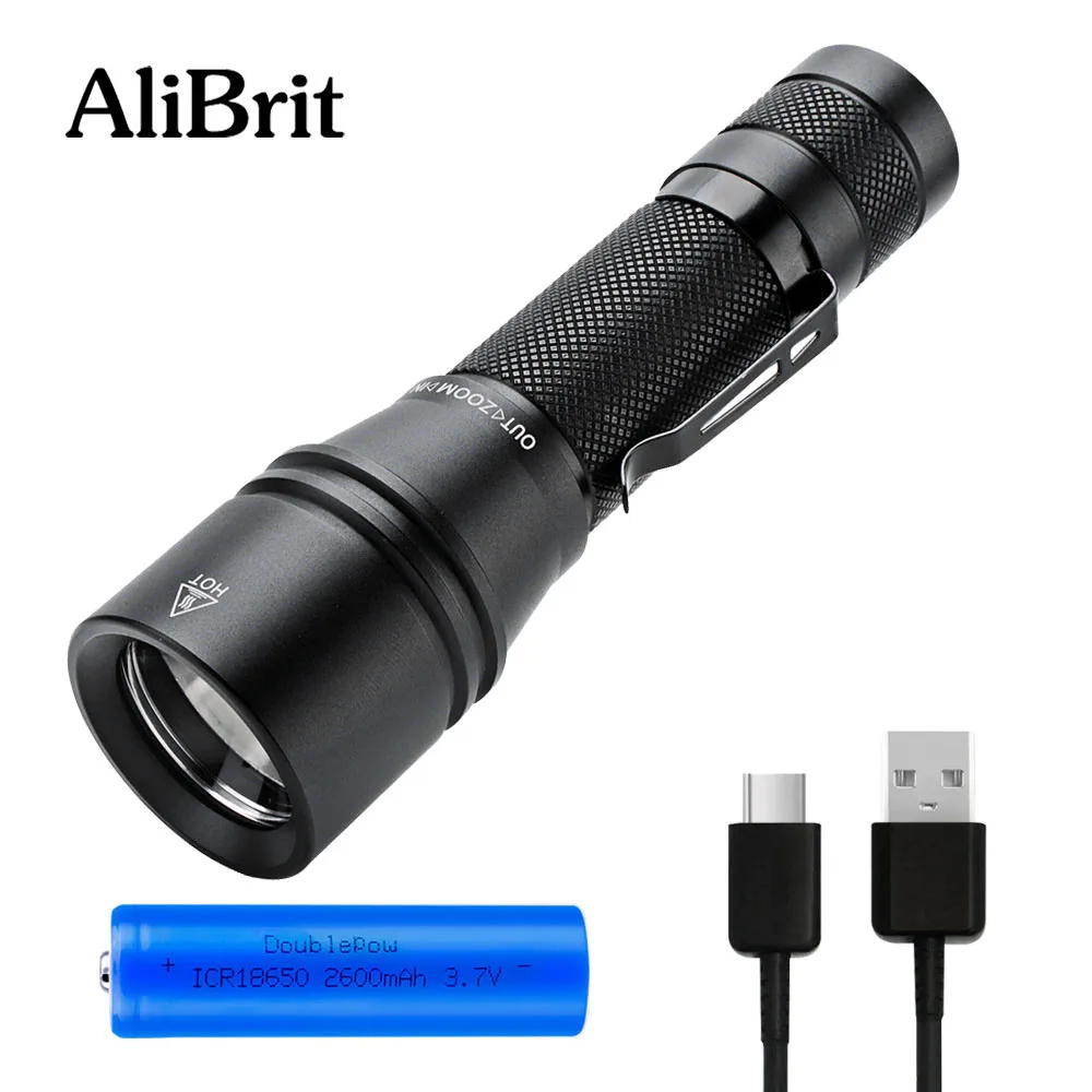 D50 AliBrit T6 светодиодный фонарик масштабируемый Фокусировочный фонарь Мини usb type C