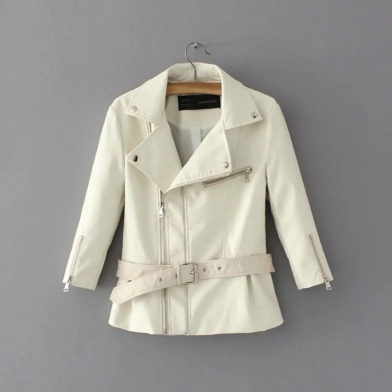 

2020 New Fashion Women Autunm Winter Pink White Fake Faux Leather Jackets Lady PU Zipper Pocket Motorcycle Outerwear Coat Belt