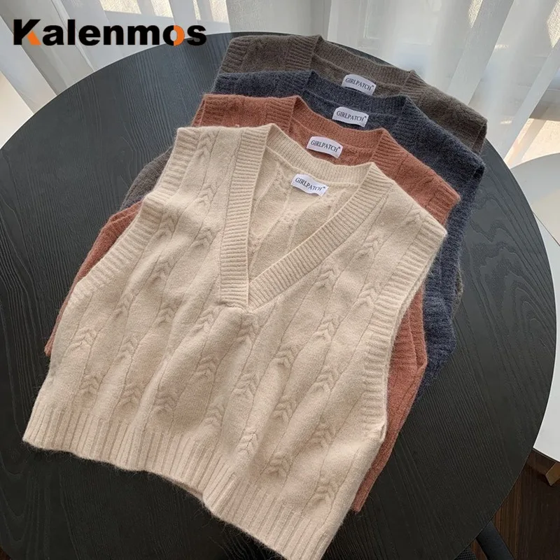 

Knit Sweater Women Vests Autumn Winter KALENMOS V Neck Korean Pullovers Tops Loose Streetwear Work Harajuku Chic Vest Sweaters