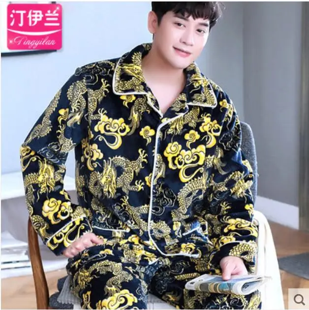 Fashion Brand Luxury Winter Pajamas Men Sleepwear Thick Warm Coral Fleece Mens Pajama Set Male Nightwear Leisure Home Clothing - Цвет: 003
