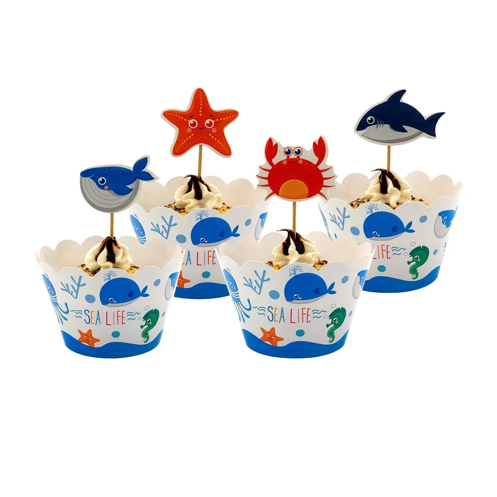 12sets Cupcake Deco Для детей день рождения морской жизни морские животные вечерние принадлежности одноразовая посуда тарелка чашка соломенная коробка для конфет шляпа приглашение воздушный шар и т. Д - Цвет: 12sets Cupcake Deco