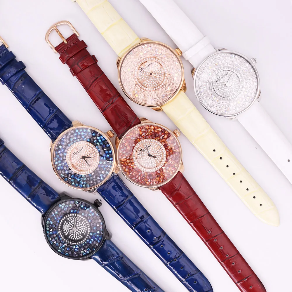 

Женские японские кварцевые часы Melissa, изысканные модные часы с браслетом, роскошные кожаные часы со стразами для девочек, подарок на день ро...