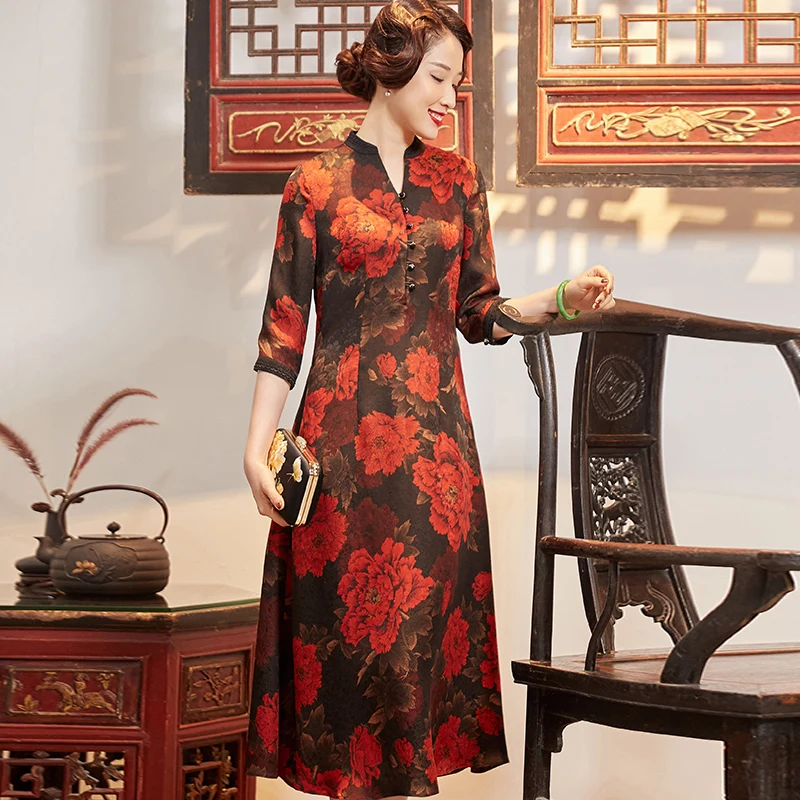 

wind restoring ancient ways of new fund of 2020 autumn winters silk flowers watered gauze long Chinese high-end dress
