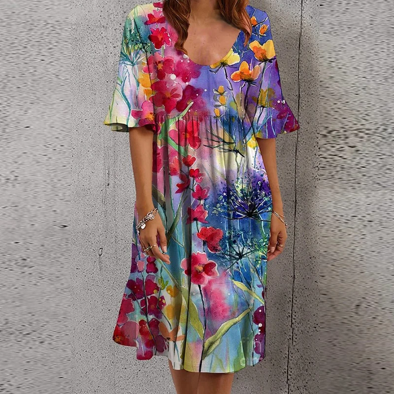 

2021 Summer Elegant Floral Print A-Line Party Dress Women Sexy V-Neck Short Sleeve Midi Dress Ladies Retro Loose Beach Dresses