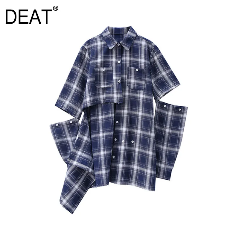 Женская Повседневная рубашка в клетку DEAT однобортная ажурная с отложным