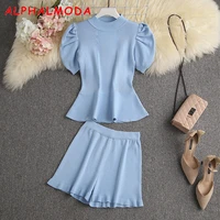 alphalmoda 2021 summer new puff sleeve slim short sleeved sweater top frill shorts women sweet 2pcs solid lounge wear suits