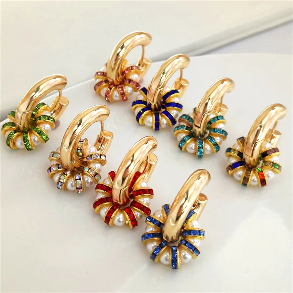 

Colorful Crystal Pearl Round Stainless Steel Hoop Earrings For Women Golden Geometric Huggie Circle Earrings 2022 Trendy Jewelry
