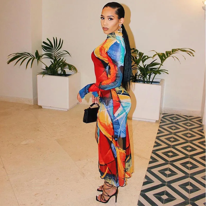 Женское платье-миди с длинным рукавом и высоким воротником | Женская одежда