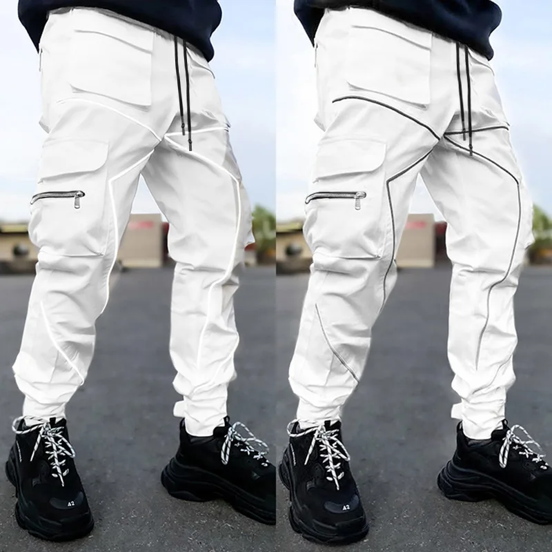 

Multi-pocket Pants Joggers Sweatpant Hip Hop Men Color Block Black Casual Trousers high quality