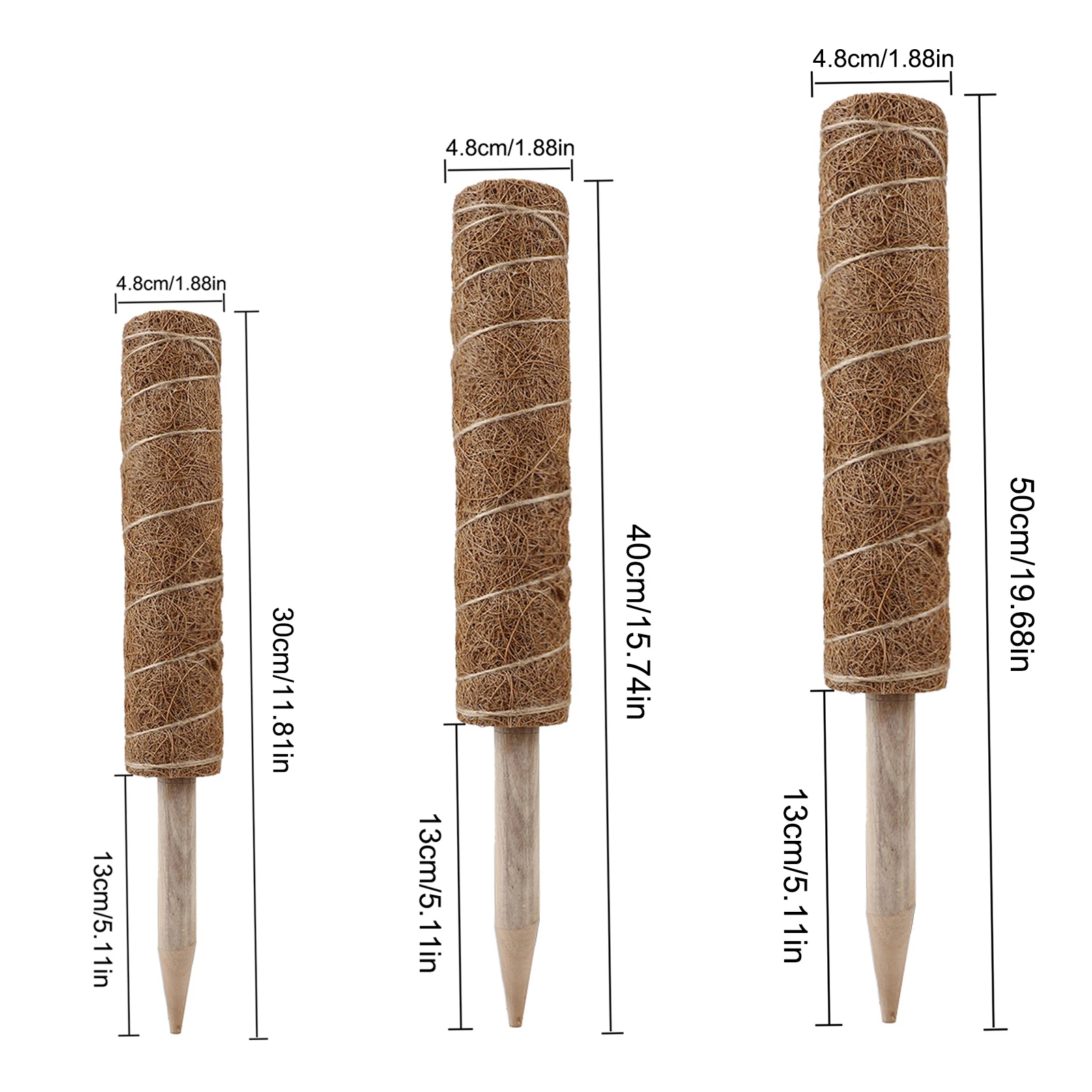 

3PCS Coir Totem Pole Coir Moss Totem Pole for Plant Support Extension Climbing Indoor Plants Pers 30cm/ 40cm/ 50cm
