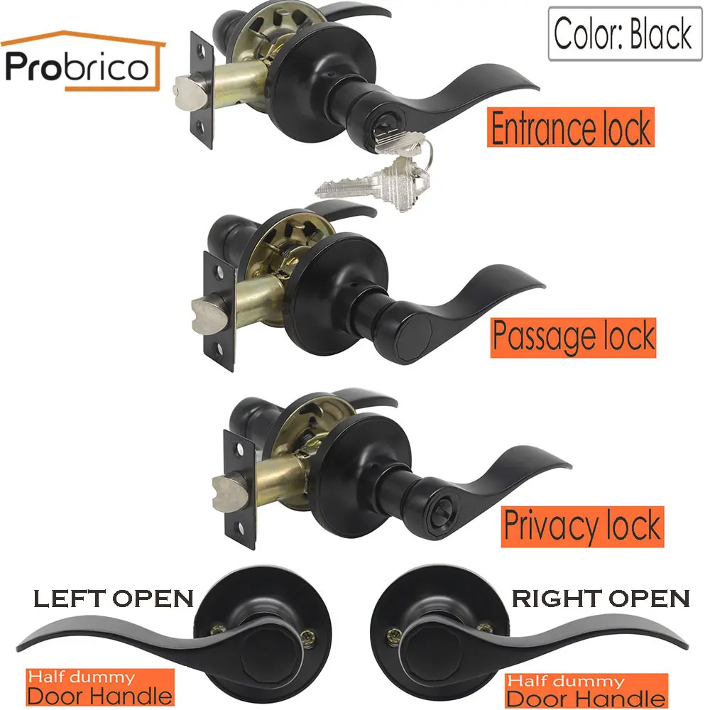 Probrico-مقابض أبواب سوداء ، مقابض أبواب داخلية ، رافعة أمامية وخلفية ، أسطوانة قفل/مزلاج ، مجموعة قفل باب خشبي DL12061