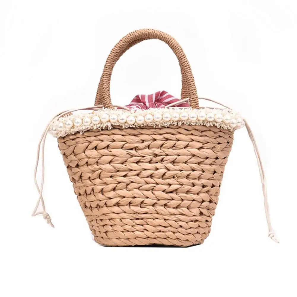 Женская сумка ведро богемный Модный с жемчугом ручной работы Соломенная