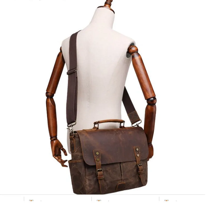 vintage men waterproof canvas handbags brand large office flap genuine leather messenger bag male crossbody shoulder bag satchel free global shipping