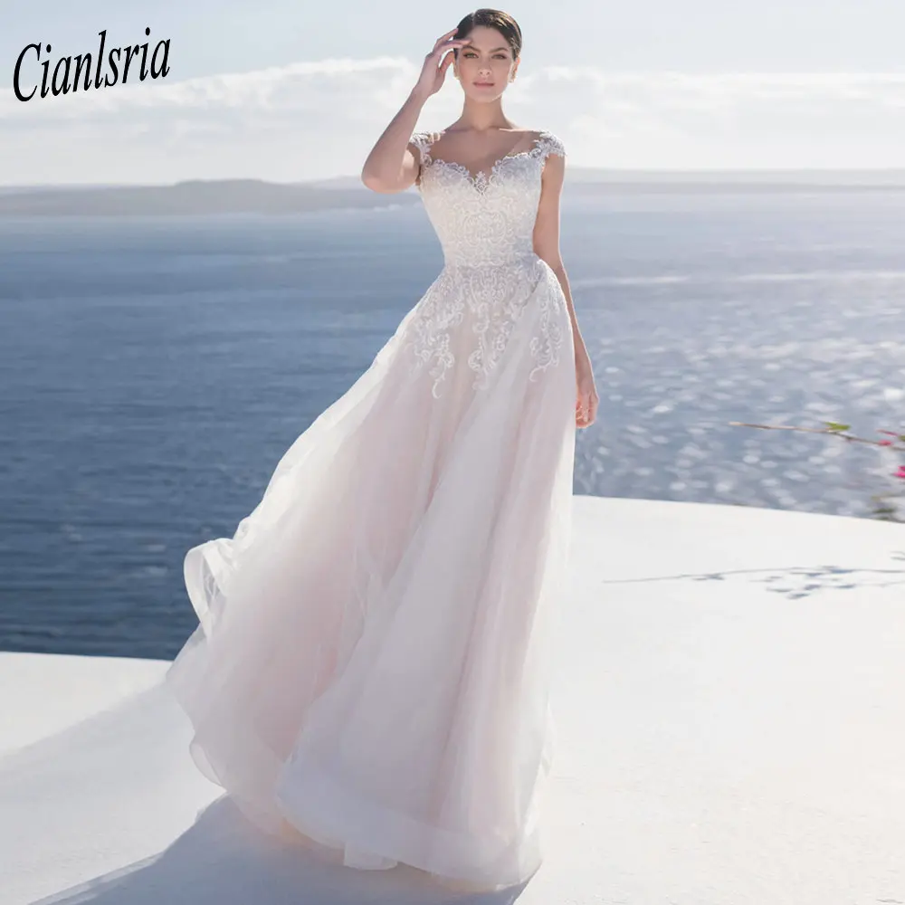 

Элегантный Кепки с длинным рукавом ТРАПЕЦИЕВИДНОЕ пляжное свадебное платье лиф сердечком, Кружевная аппликация Иллюзия трассы свадебных п...