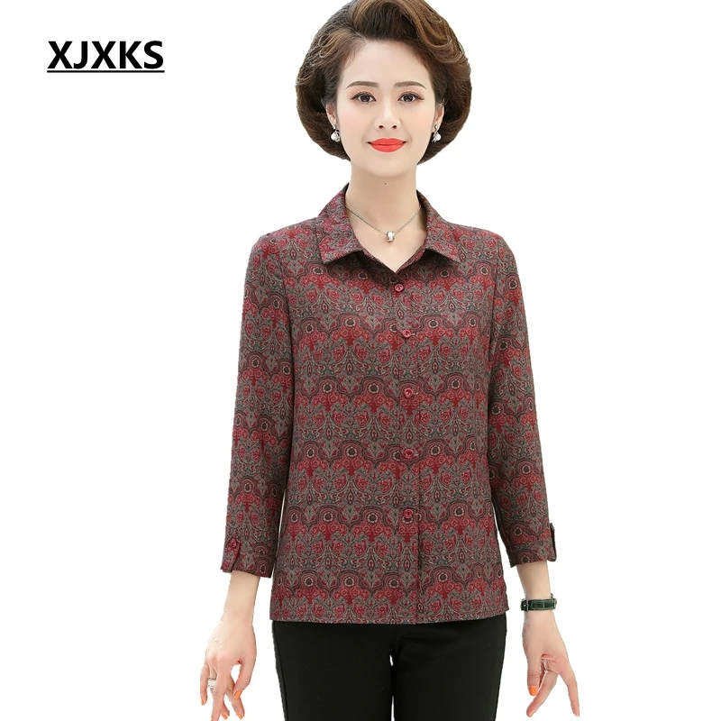 XJXKS High Quaity Plus Size Top Office Lady 7/10 Sleeve Middle-aged Women Spring Summer Shirt Turn-down Collar Blouse Tops