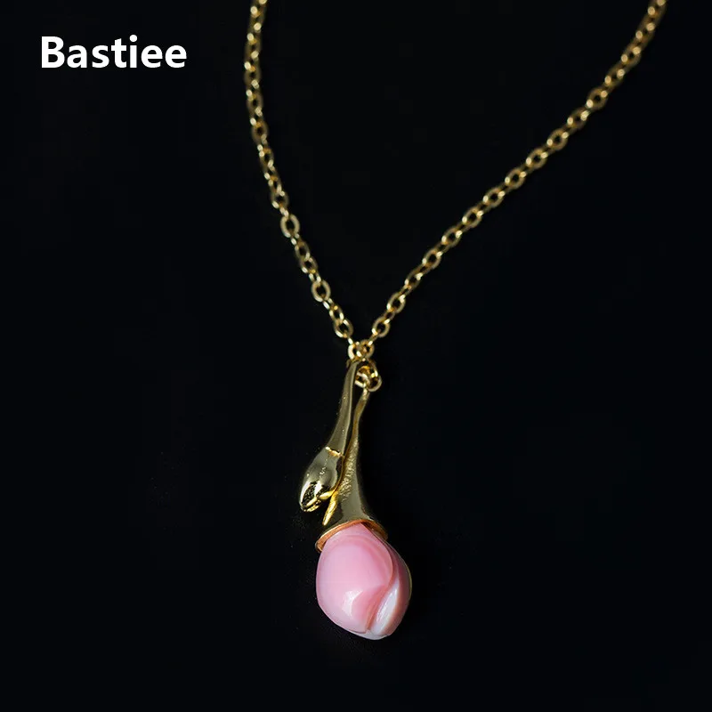 

Bastiee позолоченное ожерелье кулон цветок магнолии розовый оболочки стерлингового серебра 925 ювелирные изделия для женщин звено цепи винтажн...