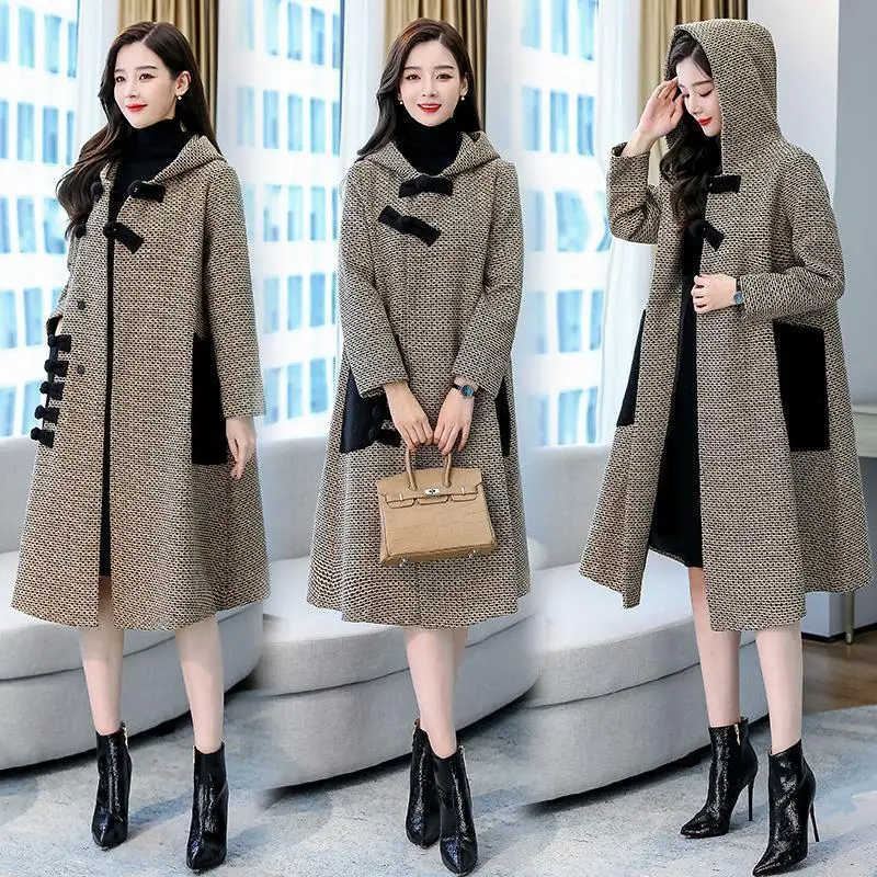 

Cloak Woolen Coat Women Mid-Length 2021 Autumn And Winter New Thick Hepburn Style Houndstooth Tweed Outcoat Clothing