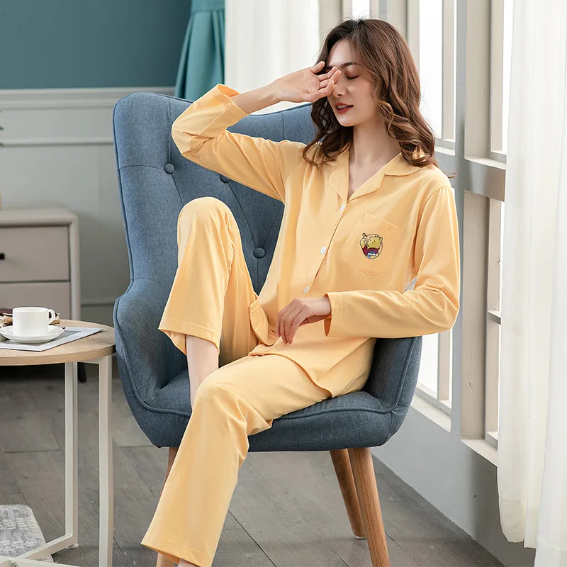 Spring Autumn New Pajamas Women's Solid Color Long Sleeve Nightgown & Sleepstirts Suit Lapel Home Wear Sleepwear Full Length