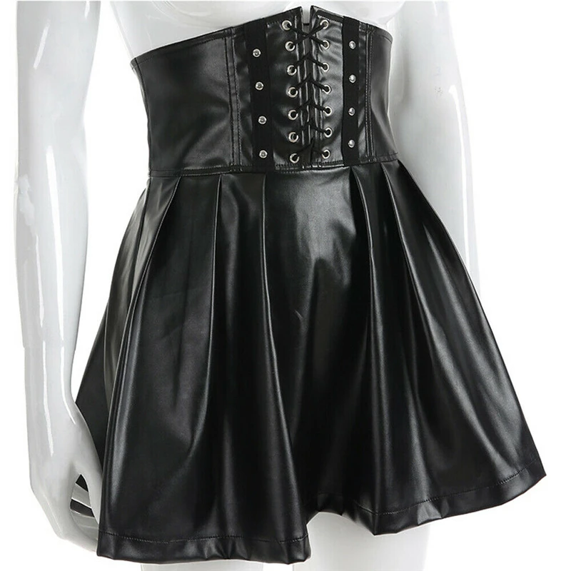 Sexy Women's PU Leathear High Waist Skirts Winter Bandage Leather Fashion Tight Lace Up Mini Pleated | Женская одежда