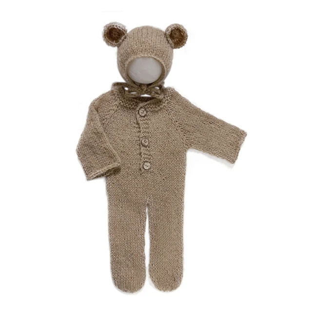 ❤️Newborn Photography Clothing Mohair Bear Ear Hat+Jumpsuits 2Pcs/set Studio Baby Photo Prop Accessories Knitted Clothes Outfits 3
