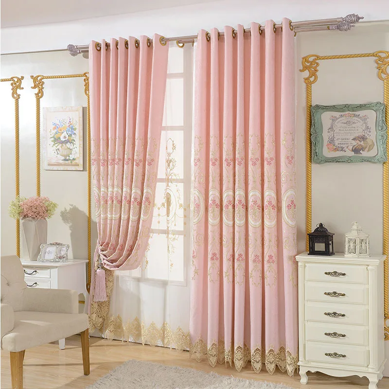 

Curtains for Living Room Fabric Bedroom European High-grade Embroidery Chenille Water-soluble Embroidery Pink Color