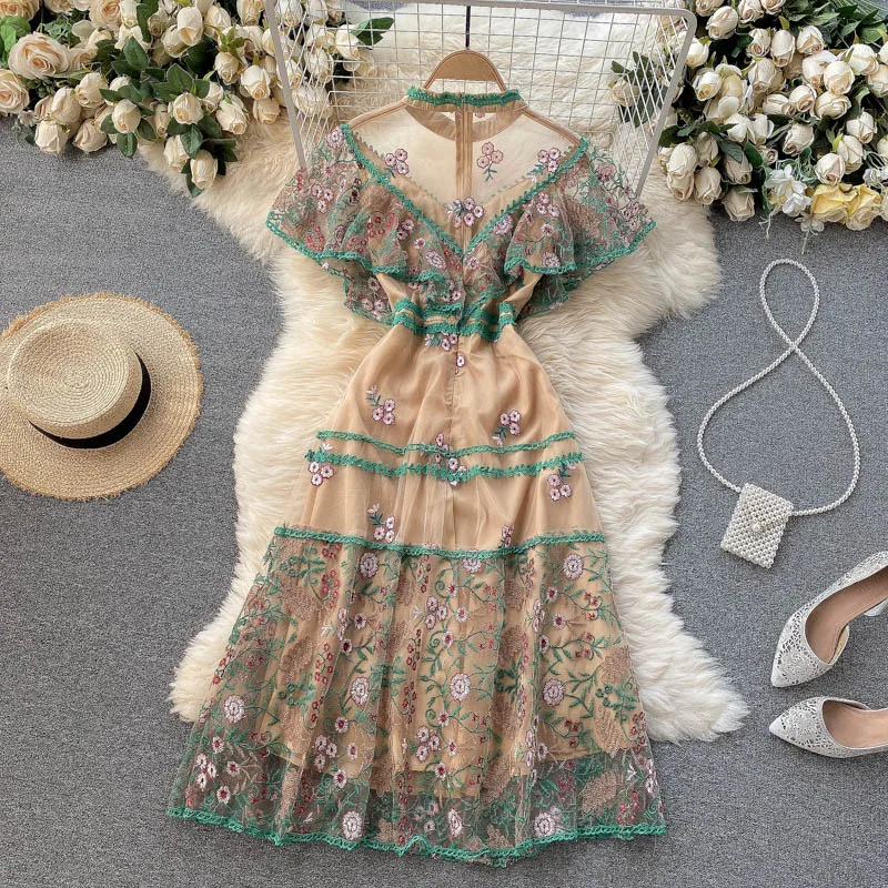 

Runway High Quality Ruffles Floral Embroidery Mesh Maxi Celebrity Party Dress Sexy Robe Women Designers Long Summer Vestidos