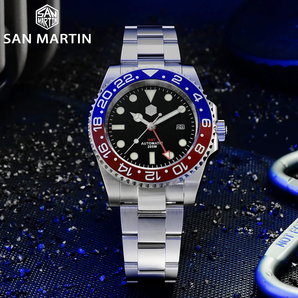 Роскошные сапфировые Мужские автоматические механические часы San Martin GMT 120 кликов