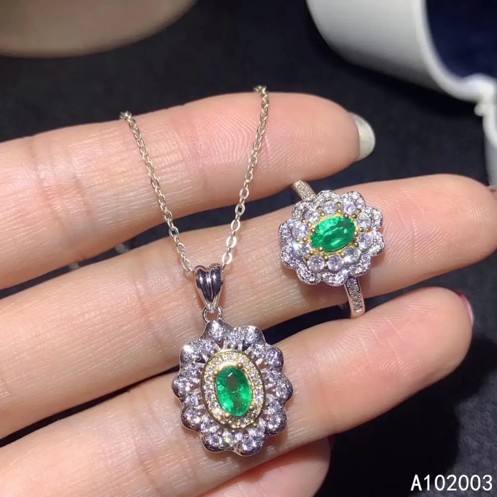 KJJEAXCMY Fine Jewelry 925 sterling silver inlaid natural Emerald female ring pendant set popular Support detection