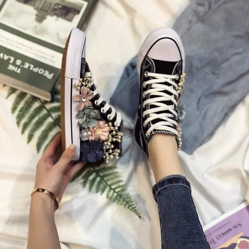 Summer High Top Women Sneakers Wedges Canvas Shoes Fashion Casual Shoes Woman Handmade Custom Pearl Flowers White Black Flats
