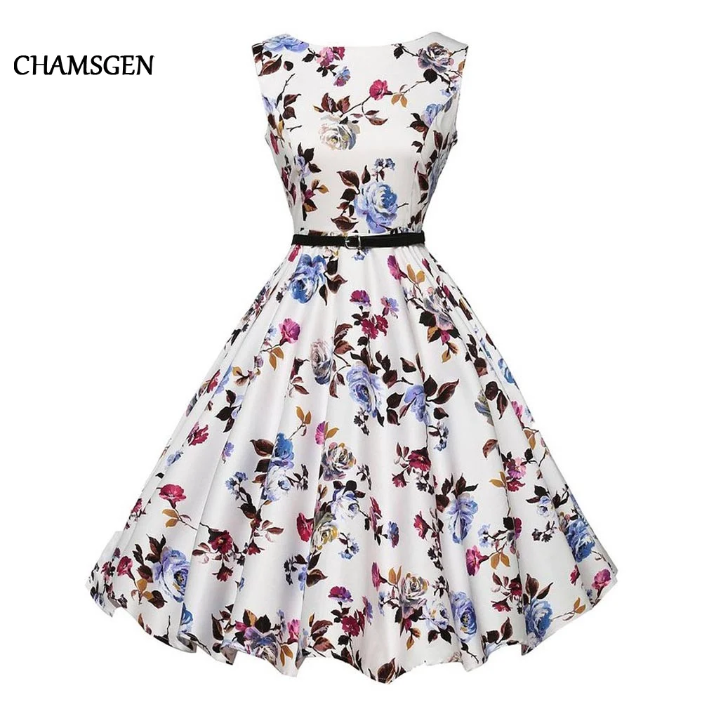 Женское платье без рукавов в стиле ретро с цветочным принтом CHAMSGEND Повседневные