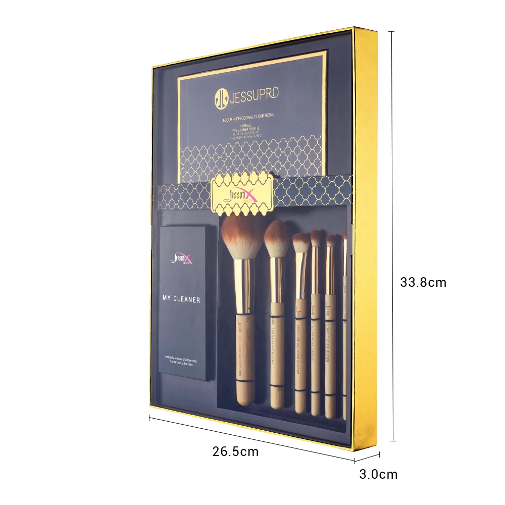 

Jessup 6pcs Bamboo Professional Makeup brushes Eyeshadow set Powder highlighter brush cleaner sponge&12 color Eyeshadow Palette