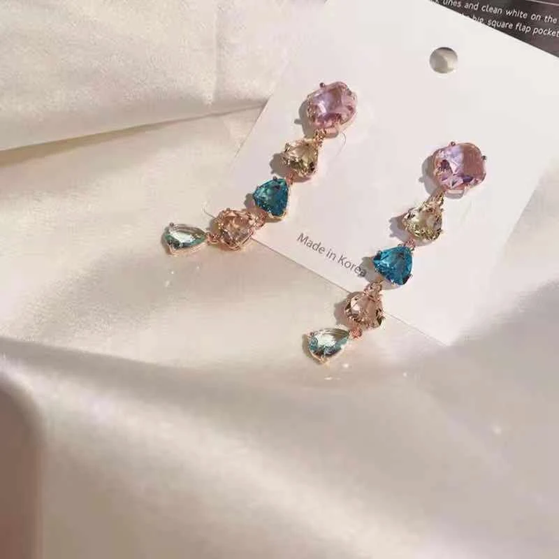 MENGJIQIAO новые корейские красочные блестящие хрустальные длинные висячие серьги для женщин элегантные Mujer Moda вечерние Pendientes Ювелирные изделия Подарки
