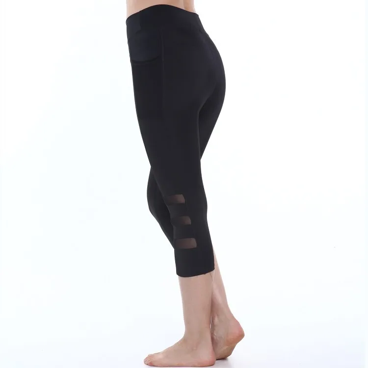 

Explosive Mobile Phone Pocket Yoga Exercise Fitness Pants Summer Hollow See-through Mesh Stitching Cropped Trousers