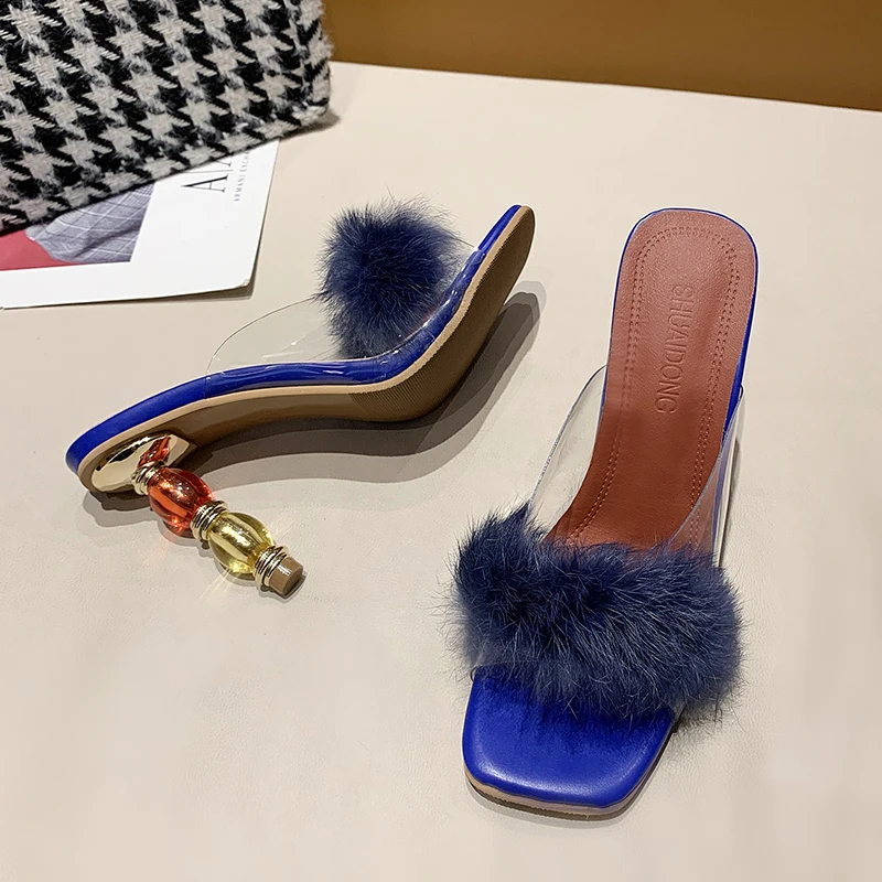 

2021 Plus Size Summer High Heels Sandals Fashion Clear Heels Open Toe Fur Ladies Slippers Shoes Heels 9cm Slippers Women