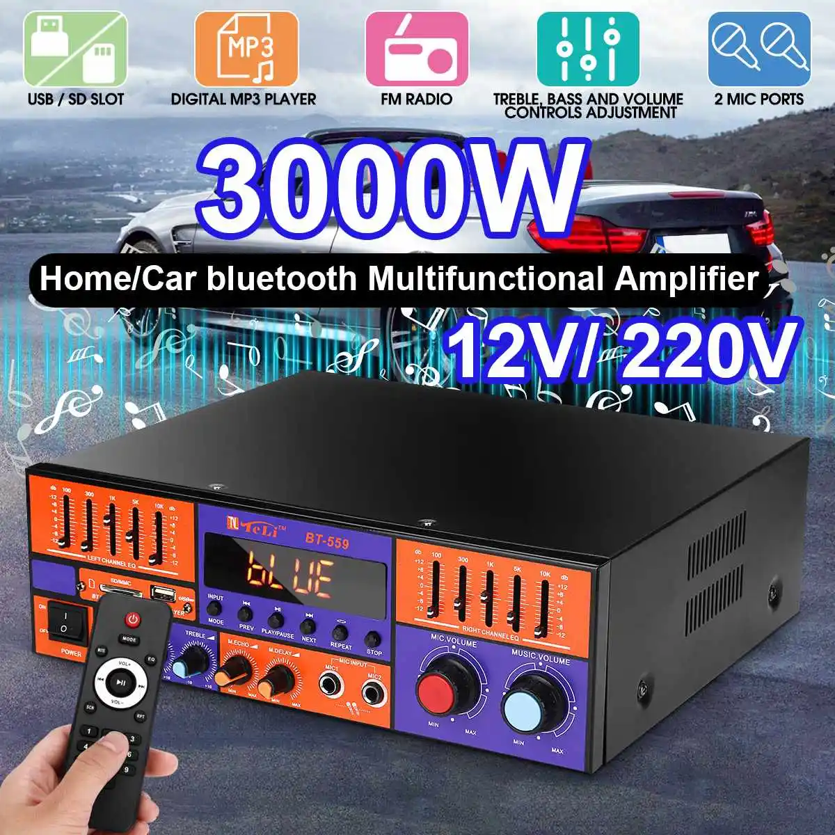 3000 Вт аудио усилитель мощности bluetooth Автомобильный цифровой стерео усилитель HIFI USB FM SD с пультом дистанционного управления 2 канала усилители
