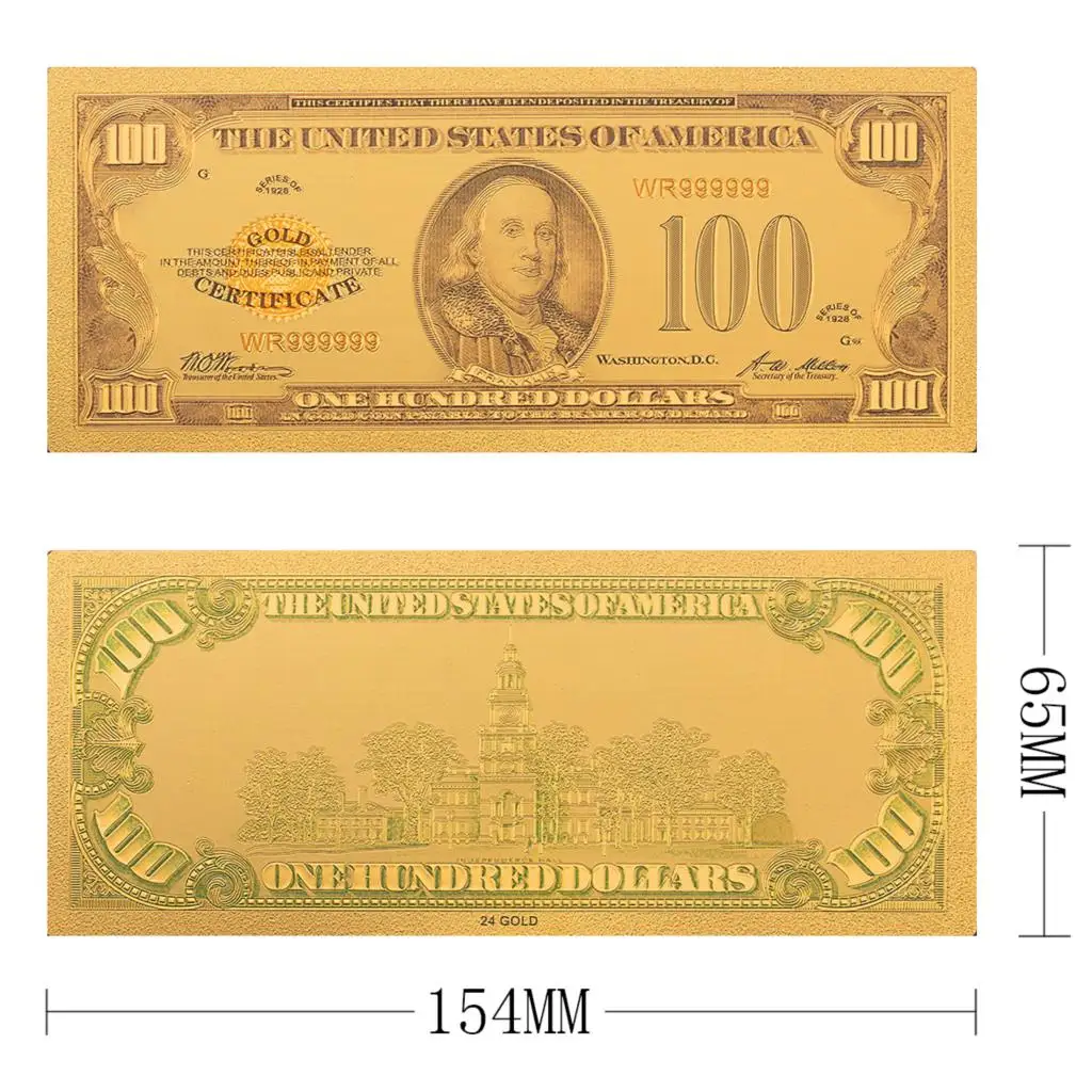 1928 год позолоченные США долларовая банкнота Копировальная бумага USD 100 50 20 10 5
