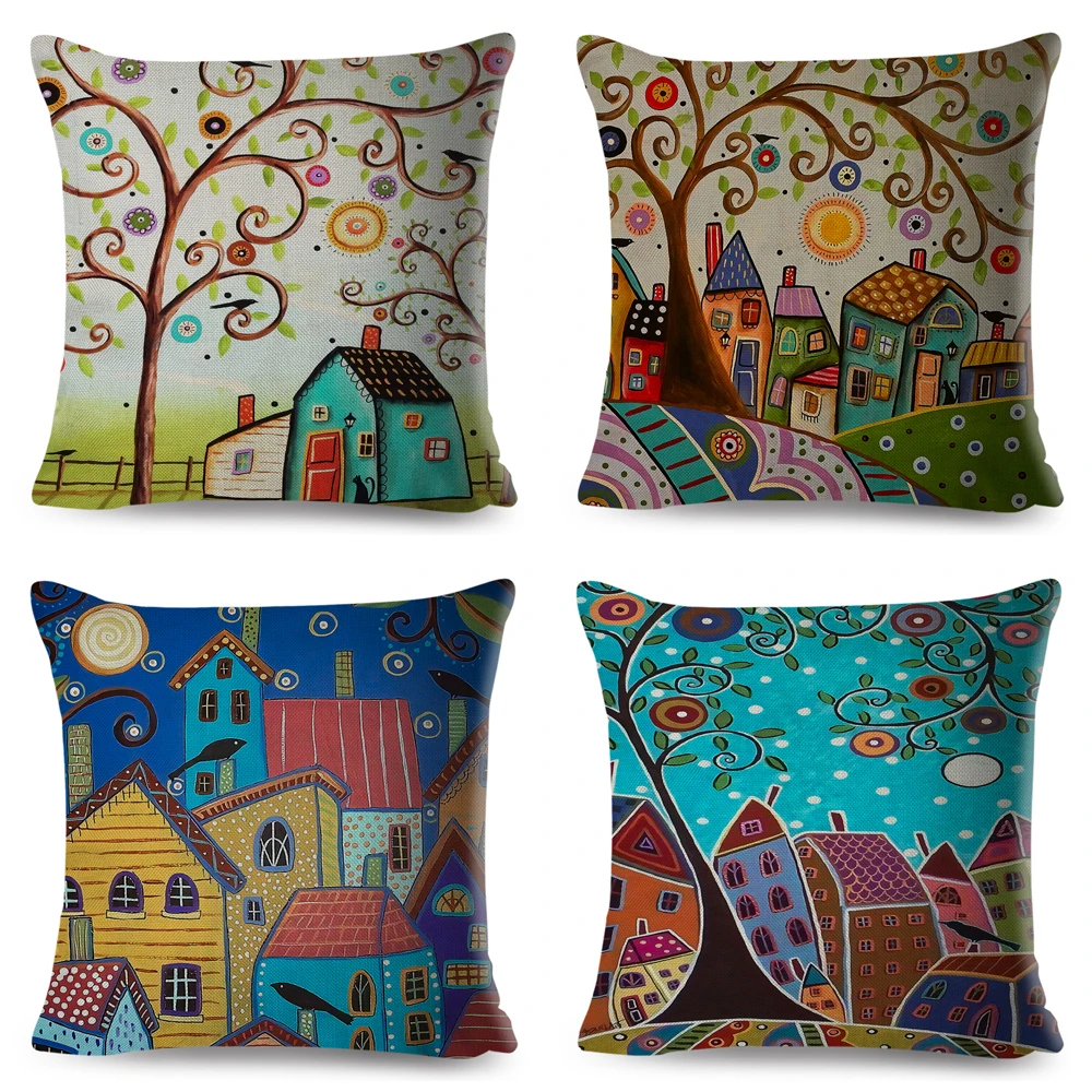

Retro Rural Color Cities Cushion Cover for Sofa Home Car Decor Colorful Cartoon House Pillow Case 45*45cm Tree Linen Pillowcase