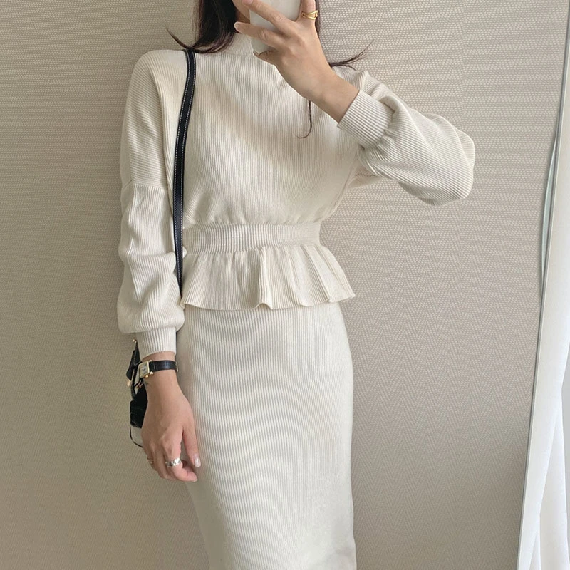 

2020 New Winter Elegant Women Knitted 2 Pieces Set O-neck Slim Waist Pullovers & Pencil Sweater Skirts Female Sweater Set