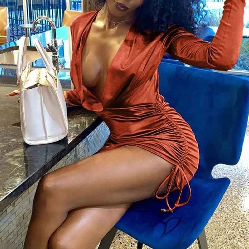 

WEPBEL Slim Fit Dress Women's Sexy Solid Color Pleated Lace Up Dress Summer Long Sleeve High Waist V-neck Sheath Dress