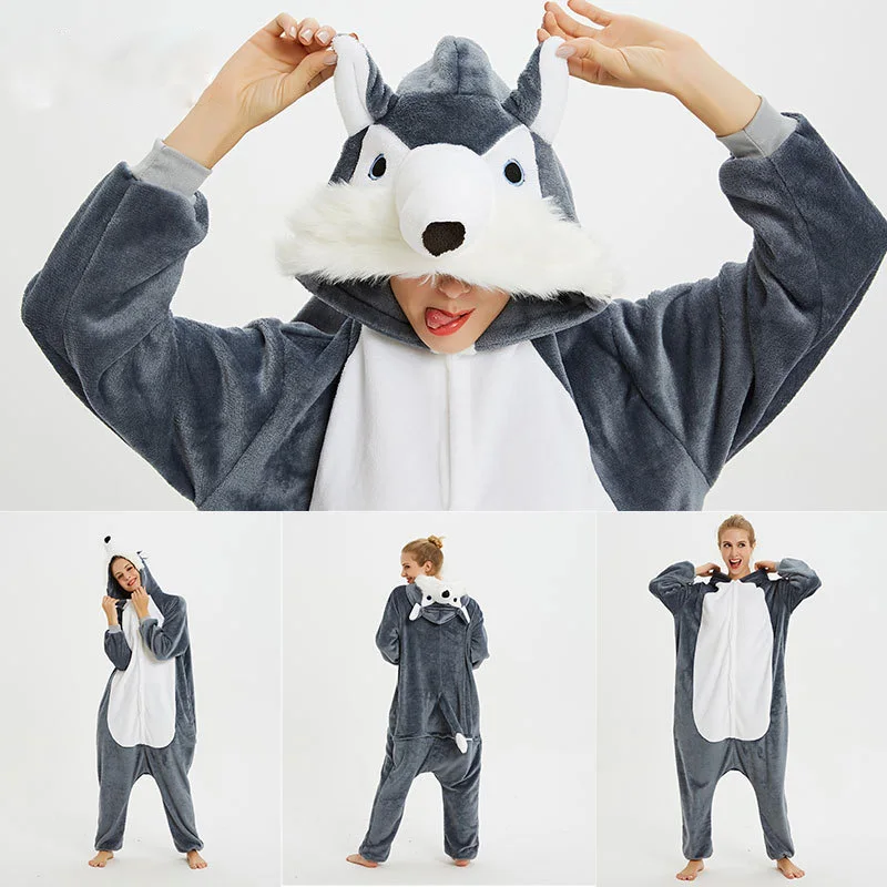 Wolf Women Kigurumi Unicorn Pajamas Sets Flannel Animal Stich Pajamas kits Winter warm unicornio Nightie Pyjamas Sleepwear Homewear - Цвет: Wolf