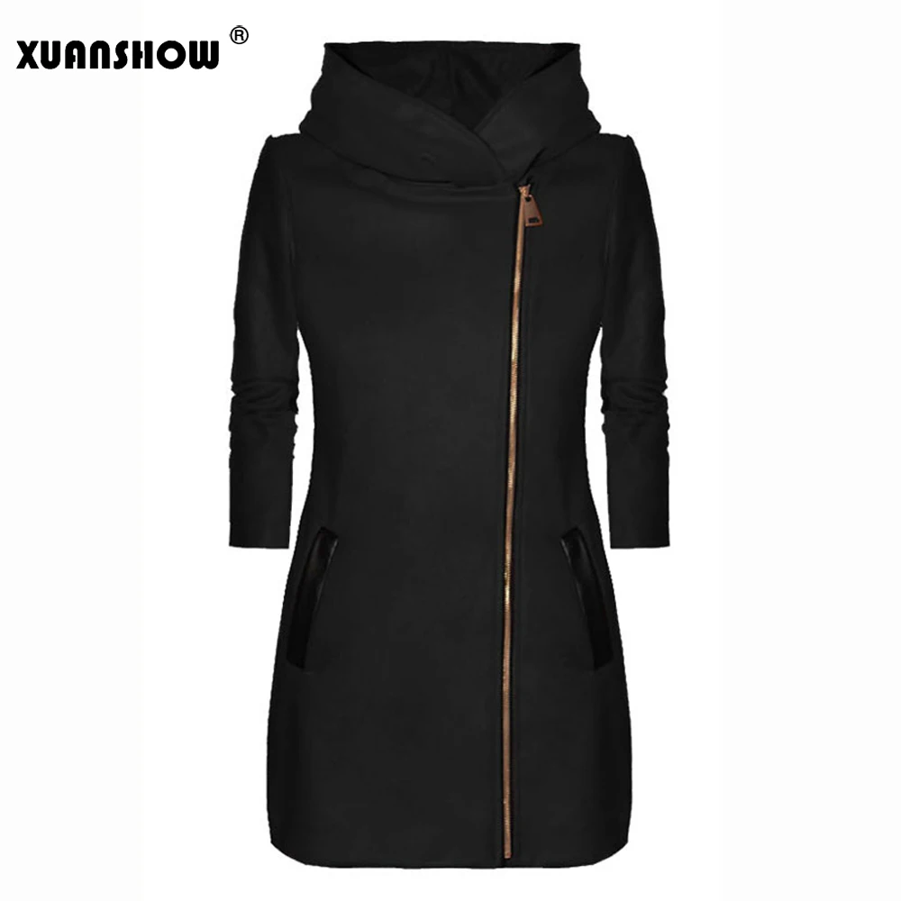 XUANSHOW зима осень длинный рукав с капюшоном женская тонкая повседневная куртка диагональная молния пальто Женская Harajuku Женская толстовка