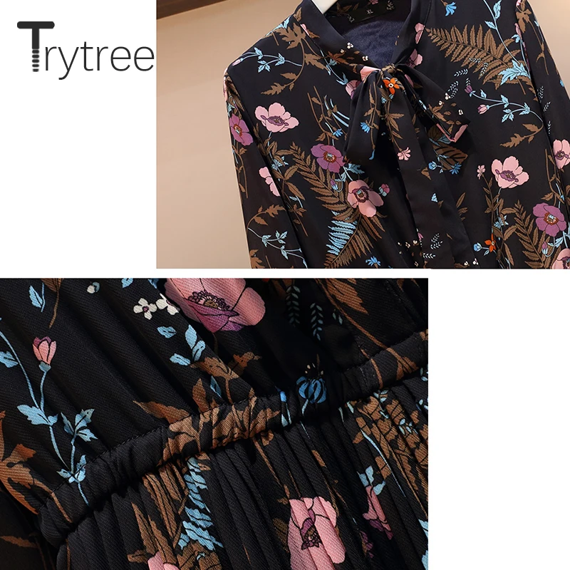 Trytree 2019 осеннее женское Повседневное платье с бантом и цветочным принтом