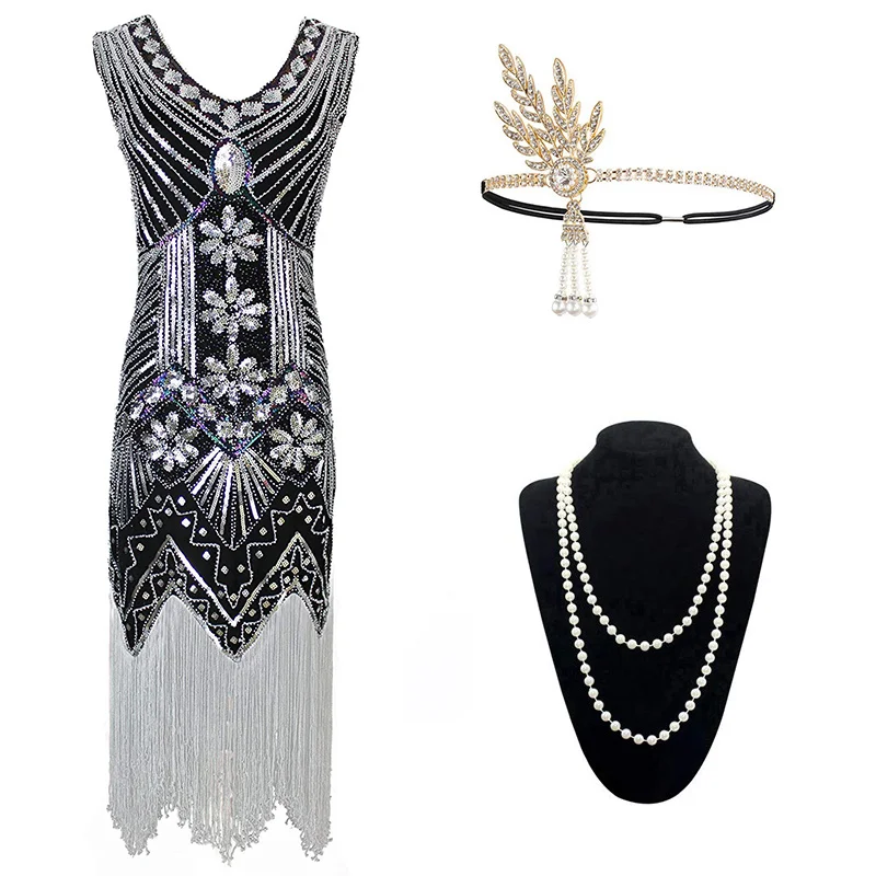 Black Silver Set Винтажное женское платье 1920s Gastby со сплошным расшитым блестками Сетчатое платье в стиле модерн украшенное бахромой платье размера плюс черный/зеленый/белый/золотой - Цвет: Black Silver Set