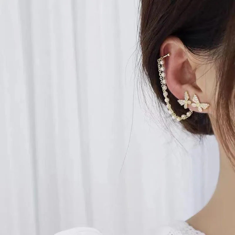 

Butterfly Wings, Zircon And Pearl Chain Rear Hanging Ears Earrings For Women Wholesale Korean Stud Earring Jewelry