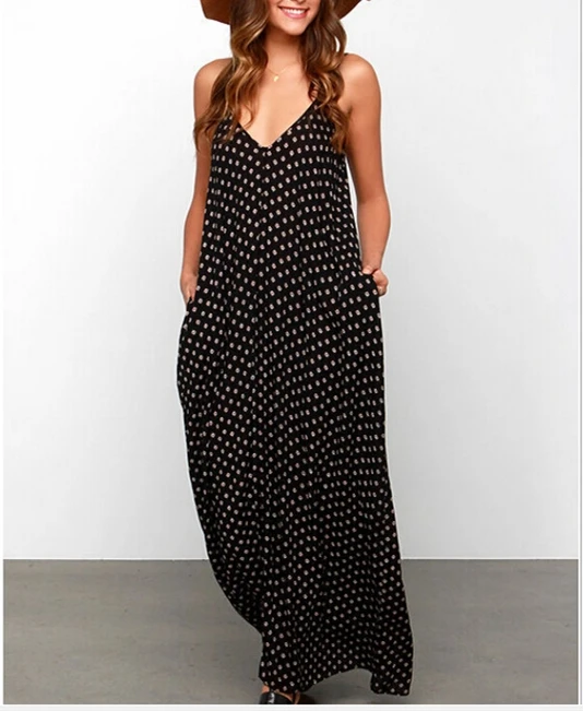 

Women Black Summer Boho Dress Beach Wear Sleeveless Chiffon Strap Polka Dot Fashion Dress Ladies Long Maxi V-neck Beach Dress