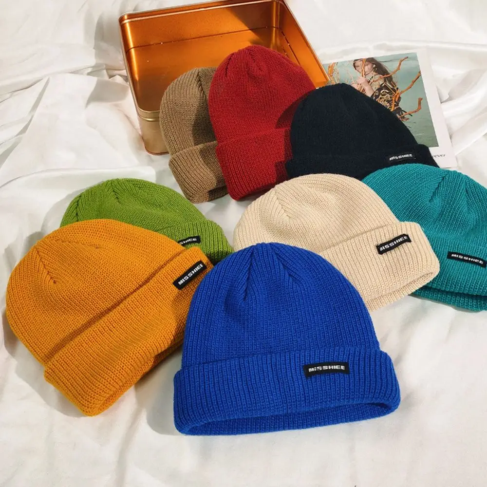 

Knitted Colorful Woolen Hat Women's Autumn and Winter Korean Tide Wild Simple Letters Beanies Hat Men Melon Warm Couple Cap