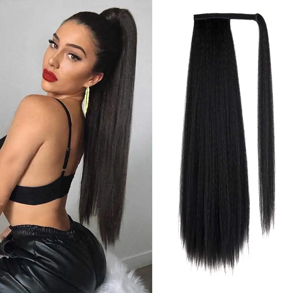 

Kinky Straight Long Ponytail Hair Extension 24 Inch Magic Paste Heat Resistant Wrap Around Yaki Ponytail for Black Women