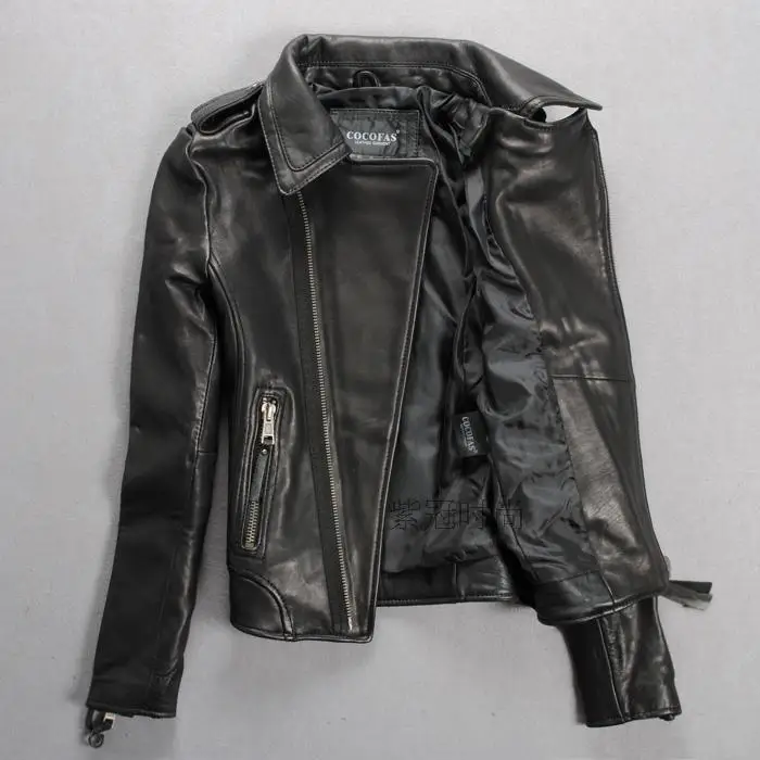 

slim 100% sheepskin fit motorcycle jacket women black lady's fashion real leather jacket with zippered pocket outerwear female