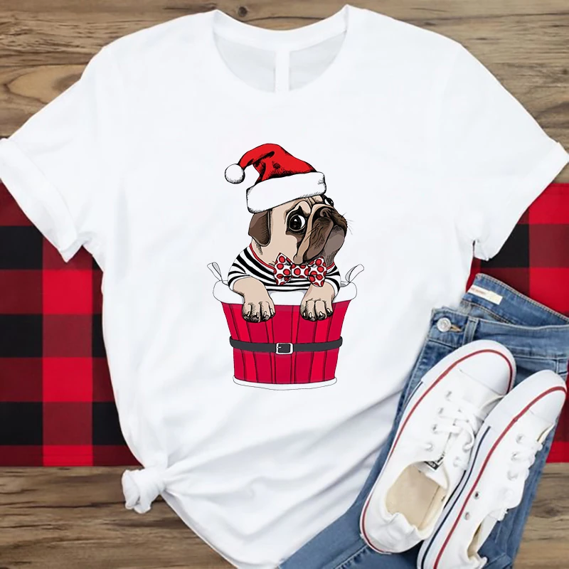 

Merry Christmas DOG love Graphic T-Shirt Summer Kawaii pug Fashion Clothes Festival Women t shirt harajuku shirt streetwear tops